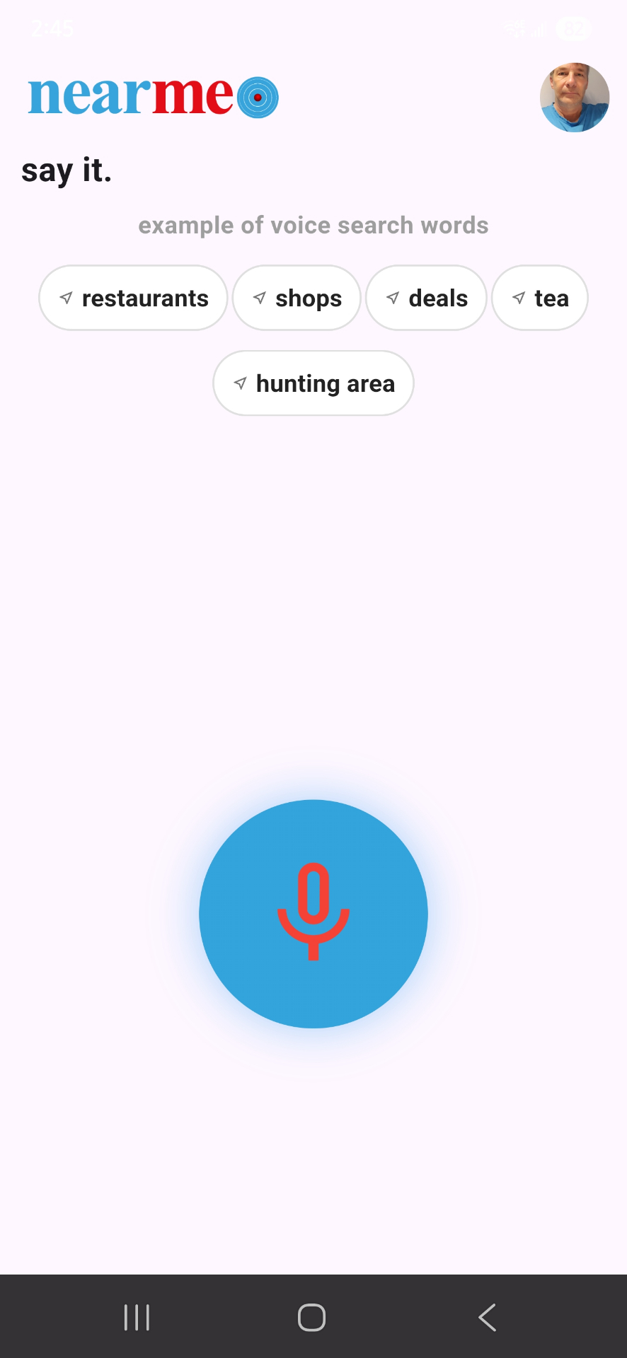 near me® voice search interface showing example search words like restaurants, shops, offers, tea, and hunting area