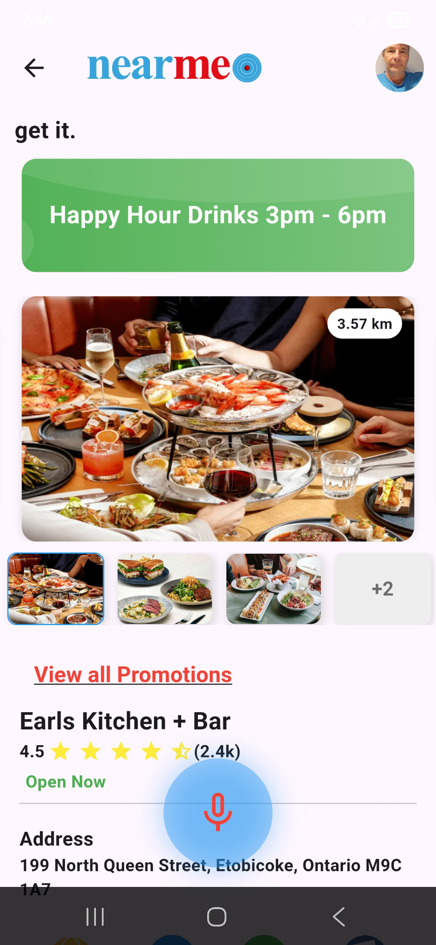 near me® business detail page showing happy hour promotion and restaurant information